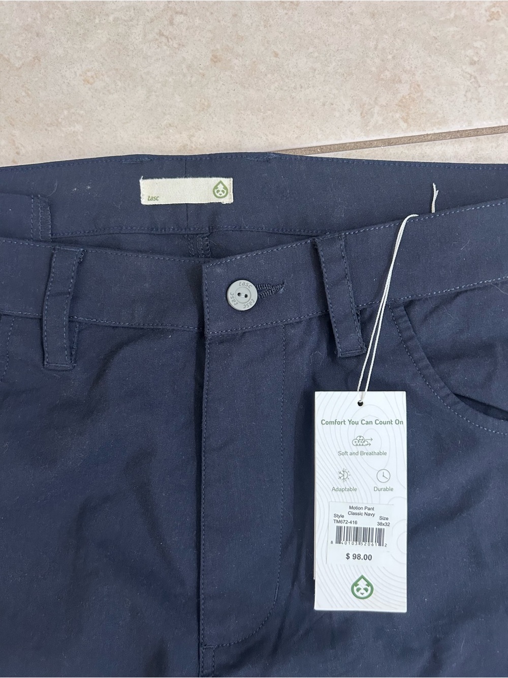 Tasc- NWT Navy Motion Pant with Tag - Comfort You Can Count On 38x32 golf